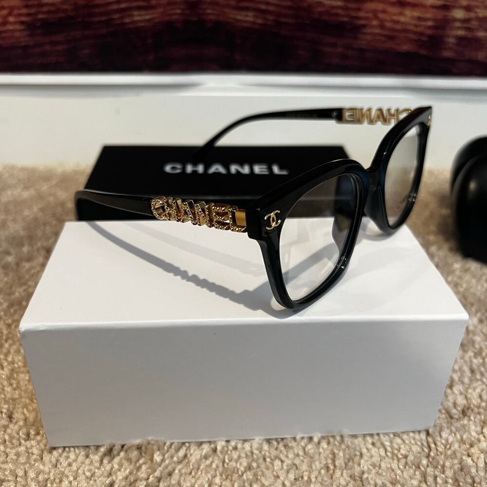 NEW W/ BOX & CASE Chanel Clear Blue Light Glasses Black Gold Logo Spell Out - Picture 4 of 7
